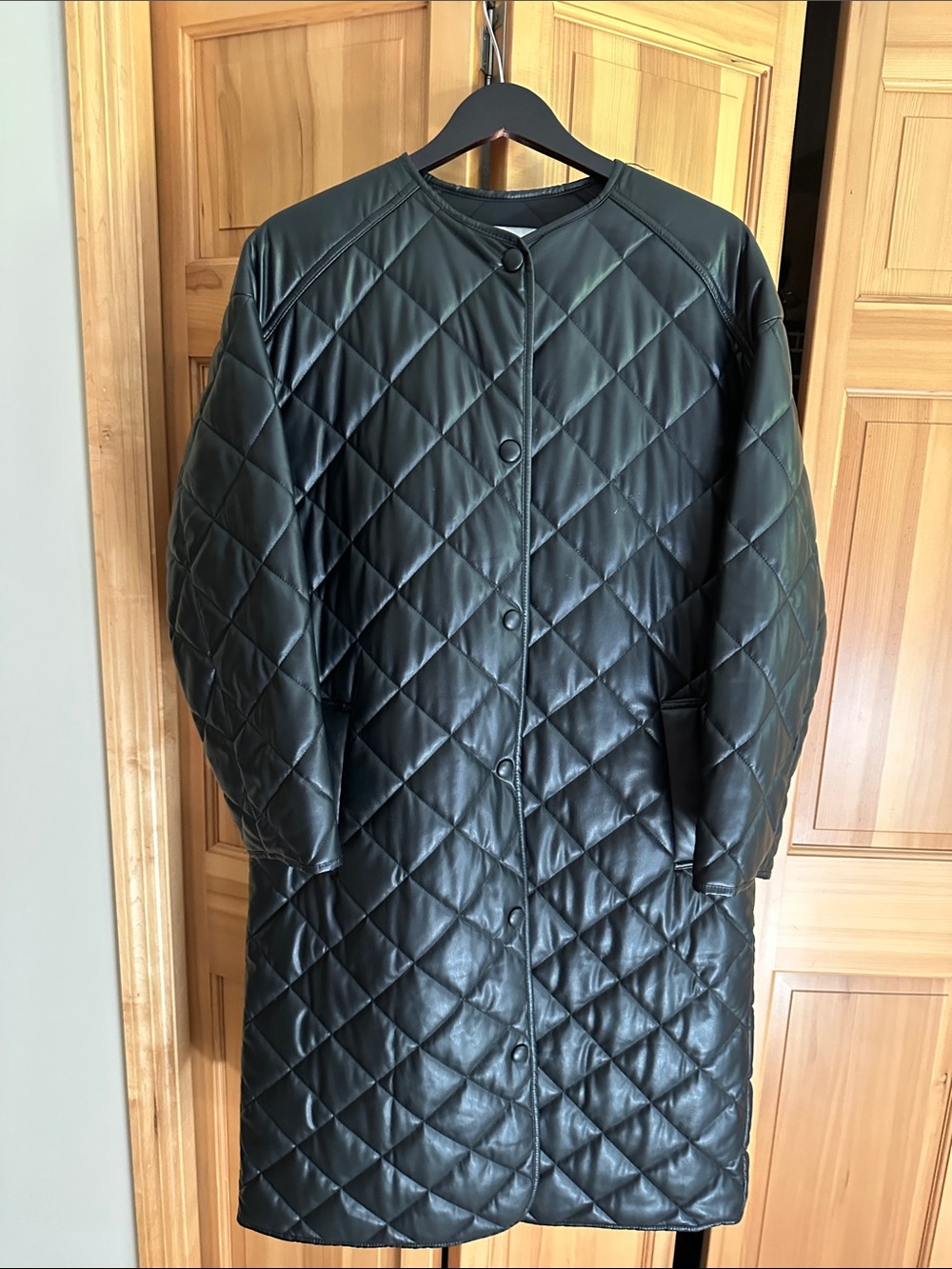 Zara Black faux leather Quilted Long Coat